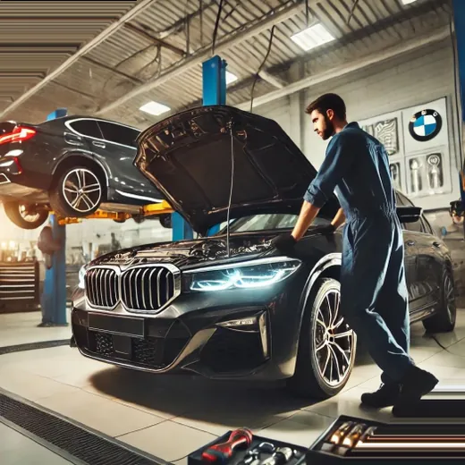 European car on a workshop lift