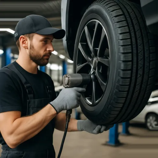 Technician fitting a tyre